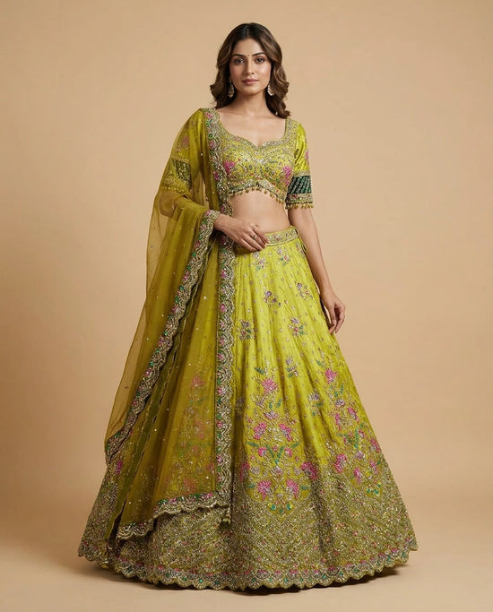 Lime Green Chinon Lehenga Set for Sangeet and Mehendi