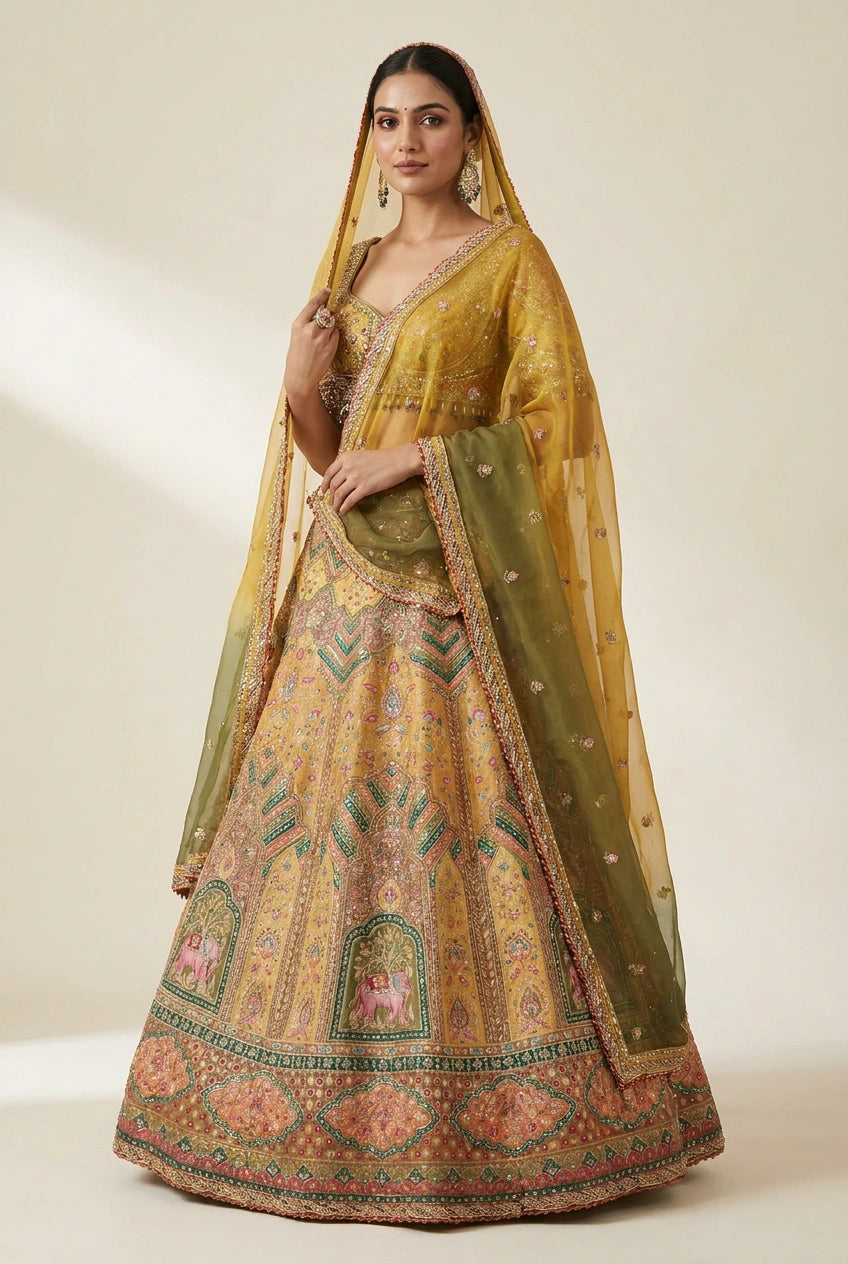 Mustard Silk Katan Lehenga Set with Banarasi Weave for Bridal Wear