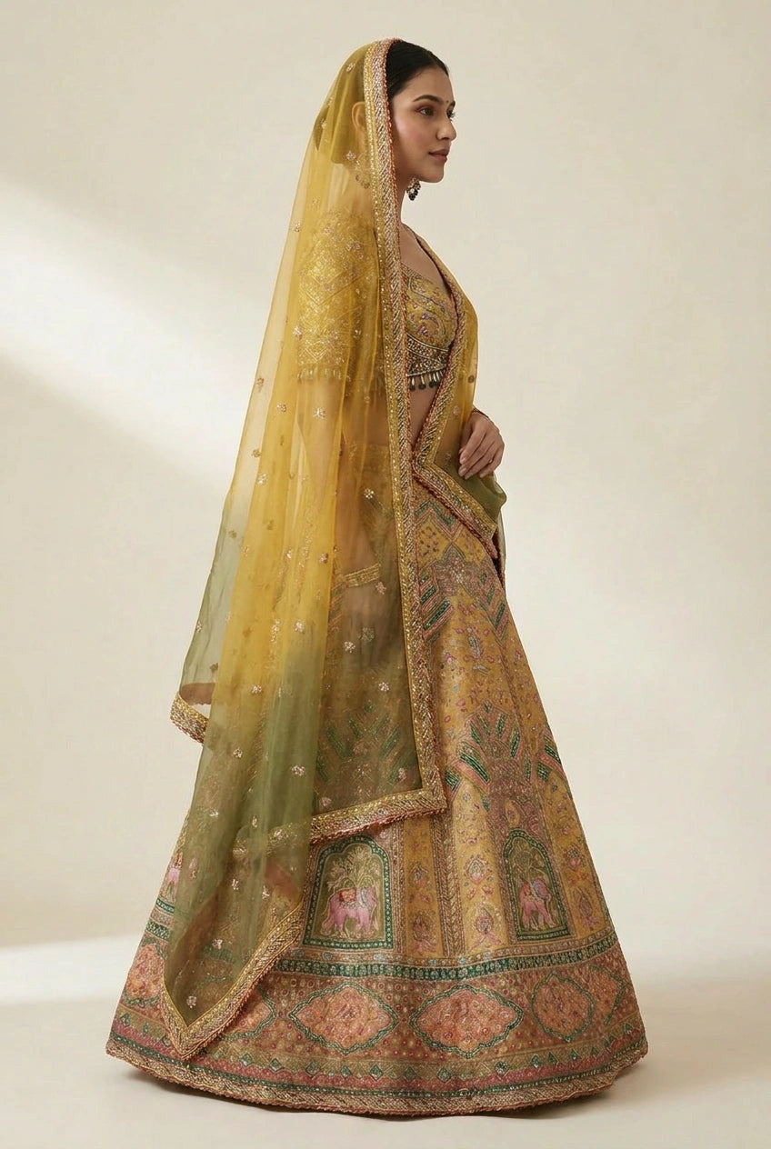 Mustard Silk Katan Lehenga Set with Banarasi Weave for Bridal Wear