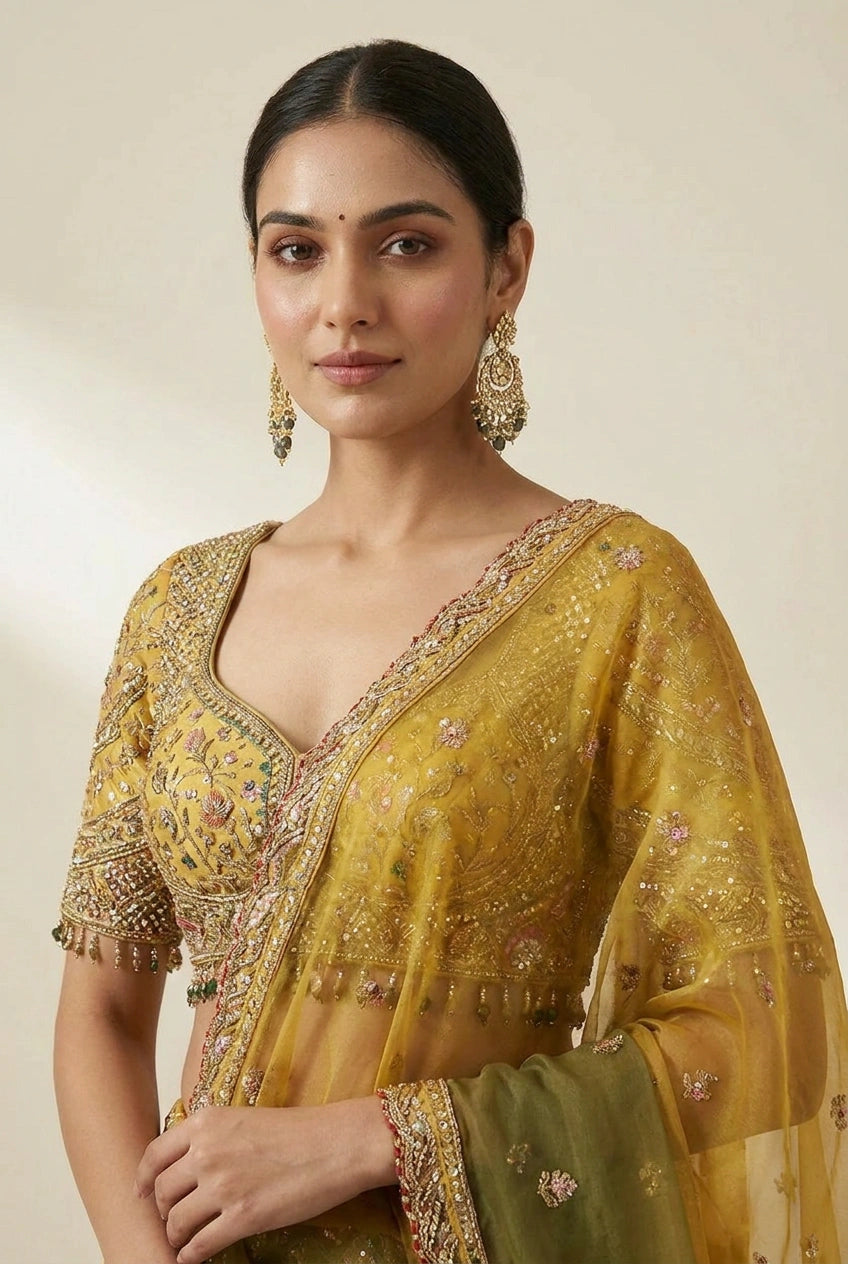 Mustard Silk Katan Lehenga Set with Banarasi Weave for Bridal Wear