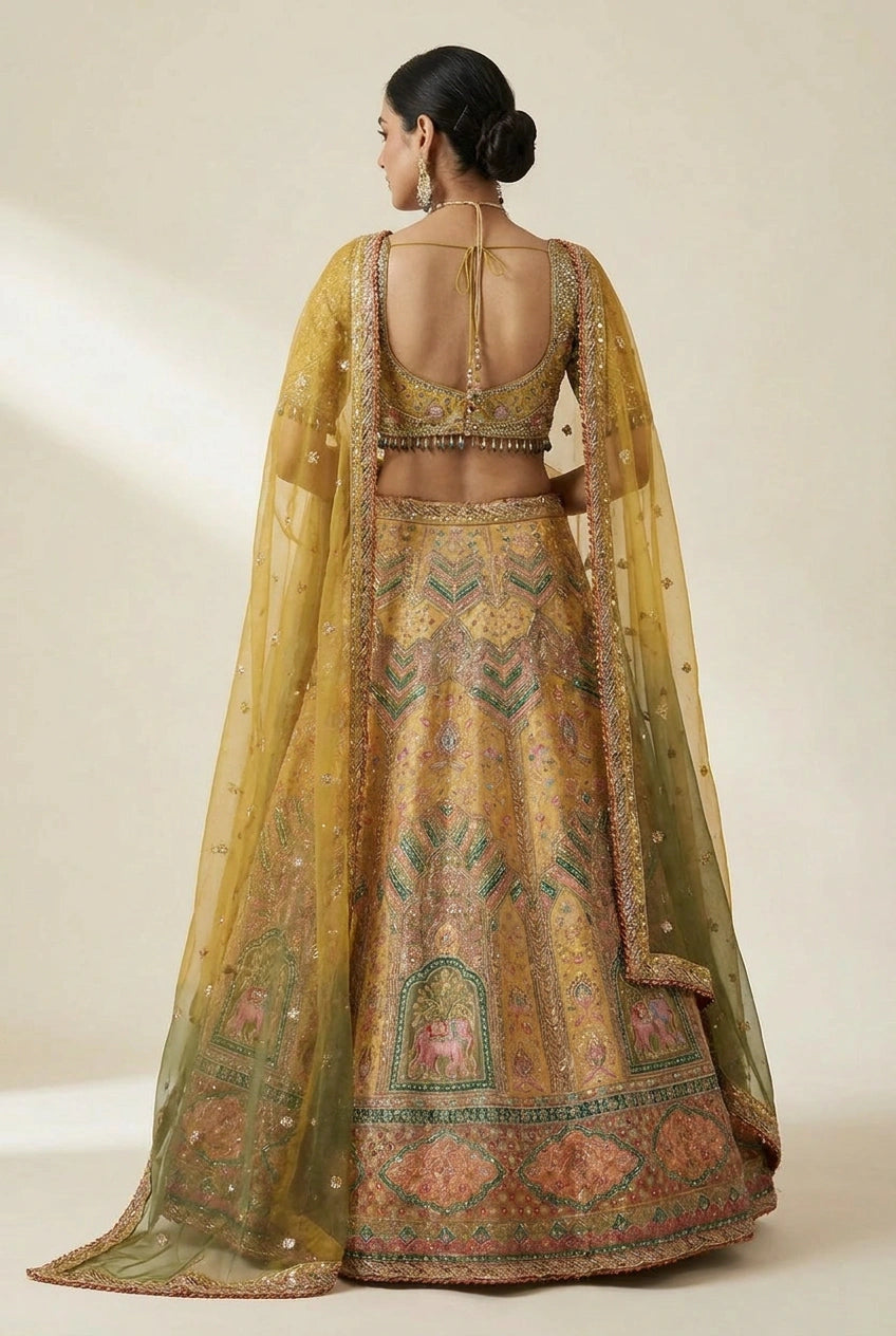 Mustard Silk Katan Lehenga Set with Banarasi Weave for Bridal Wear
