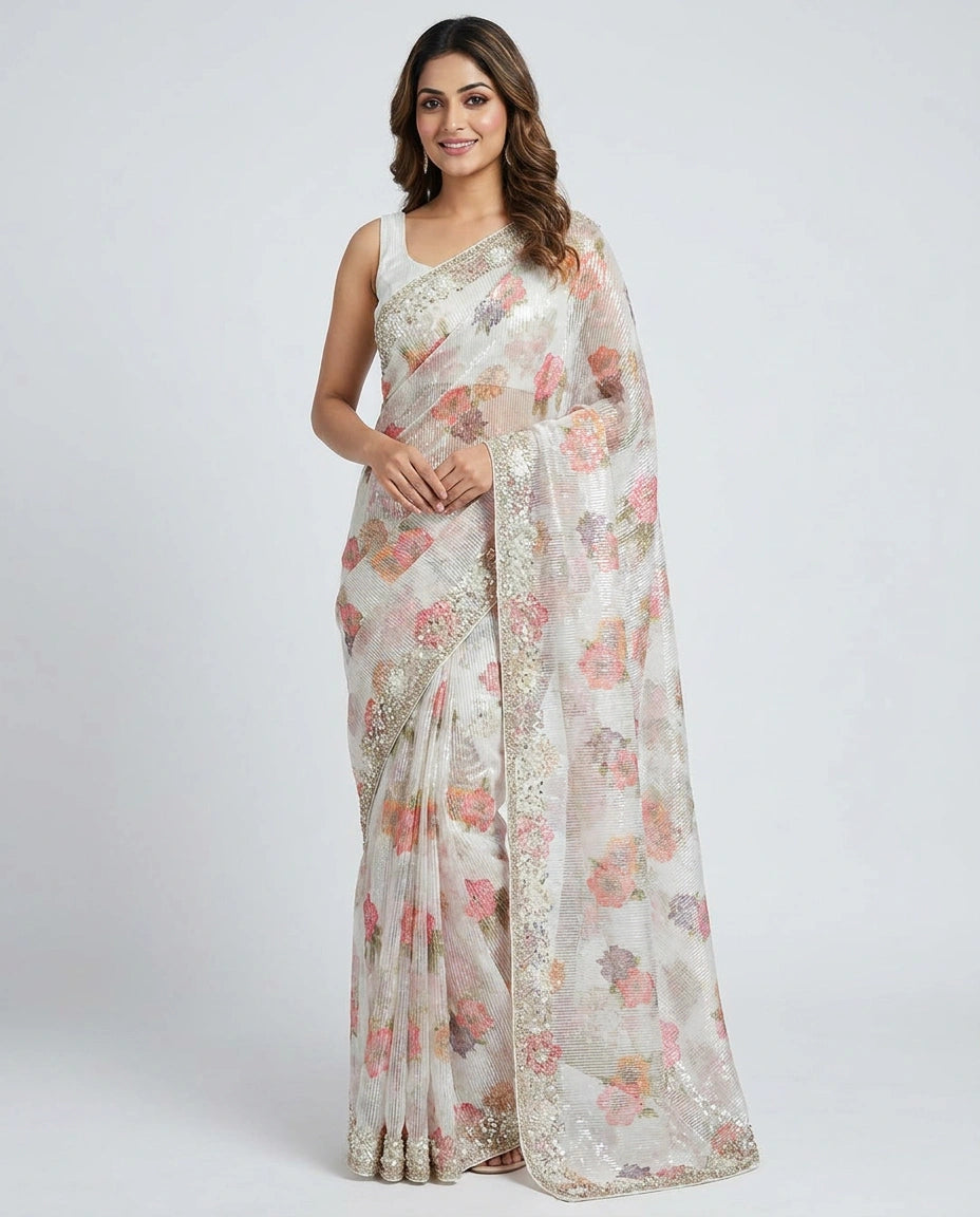 Woman wearing a floral saree on a white background