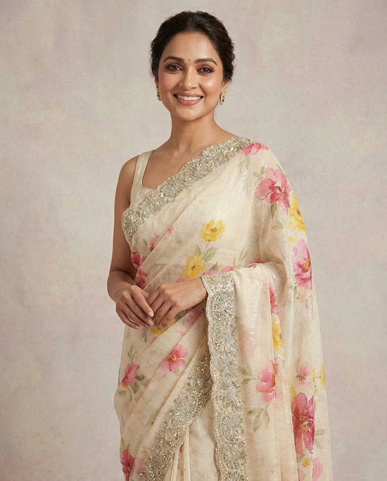 Off White Embroidered Saree - Rangoli India