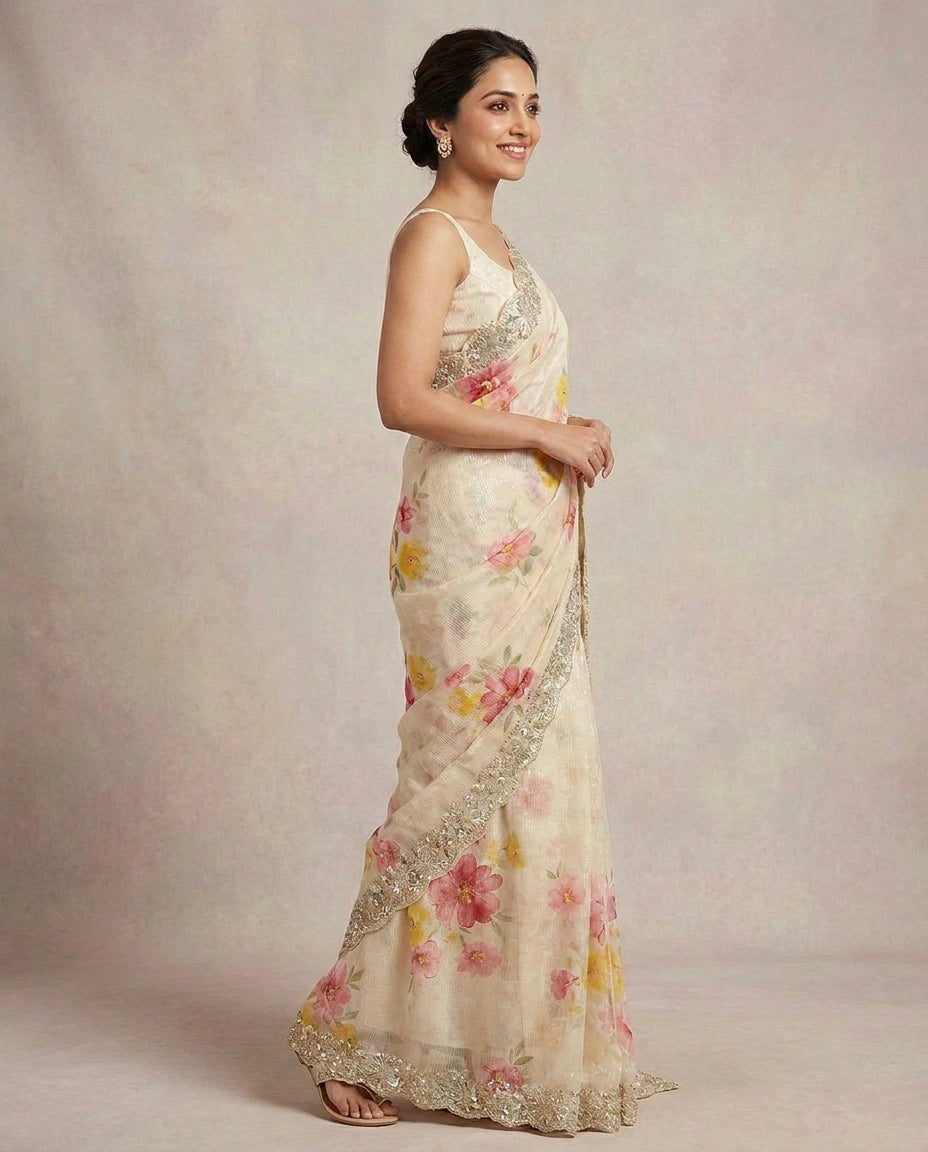 Off White Embroidered Saree - Rangoli India