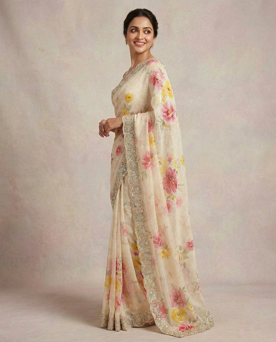 Off White Embroidered Saree - Rangoli India