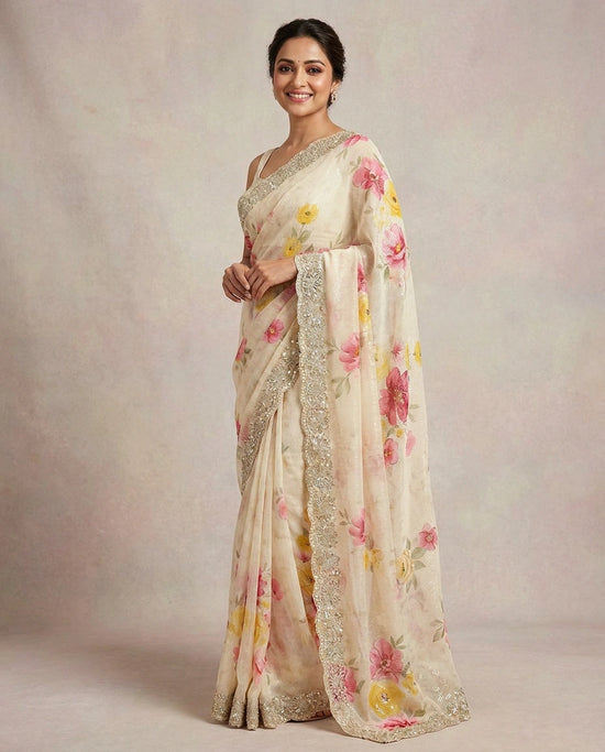 Off White Embroidered Saree - Rangoli India