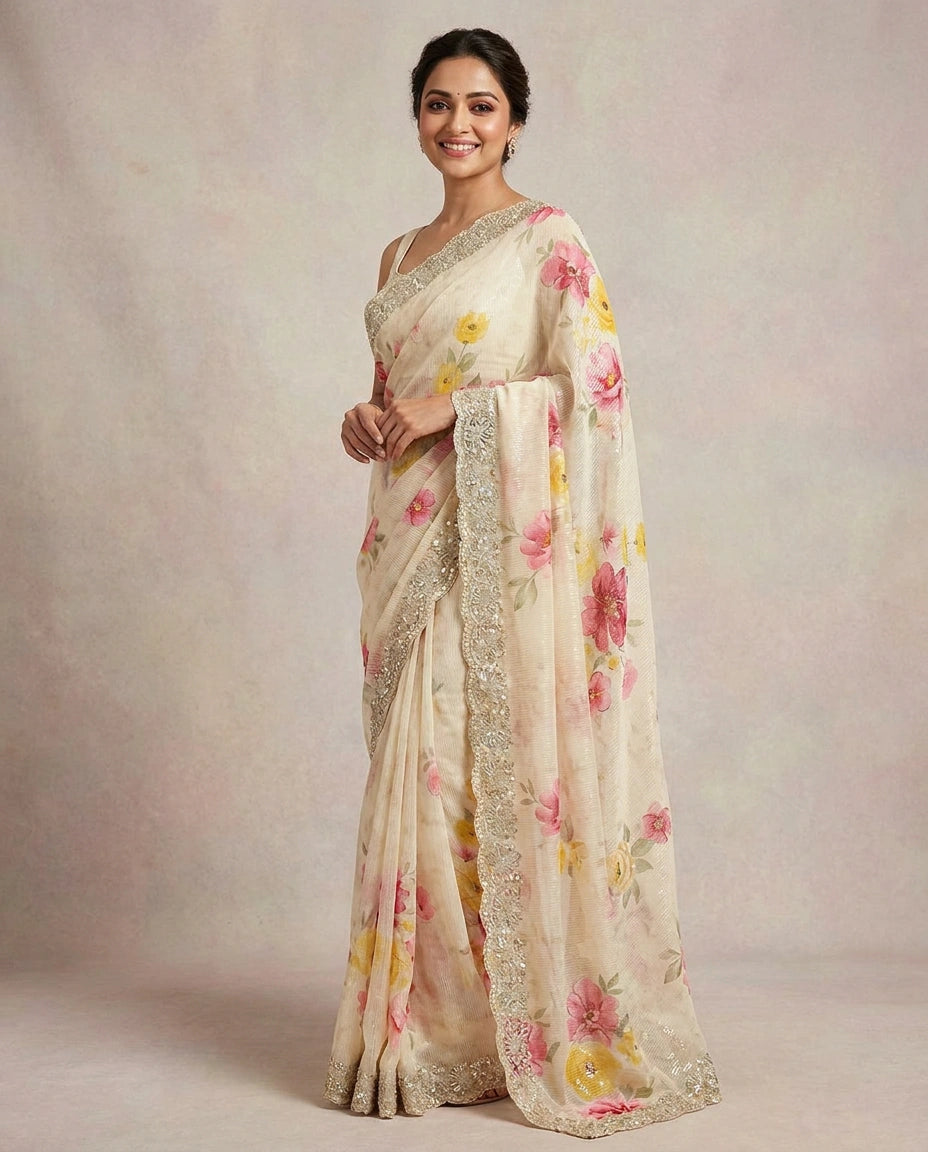 Off White Embroidered Saree - Rangoli India