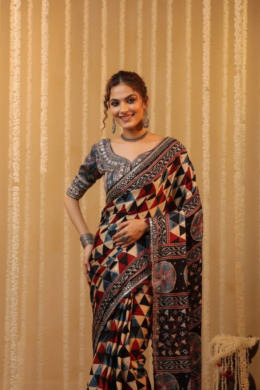 Woman wearing a patterned saree against a beige curtain background