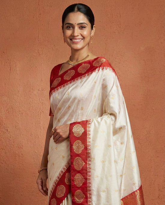 White Banarasi Saree in Silk Katan - Rangoli India