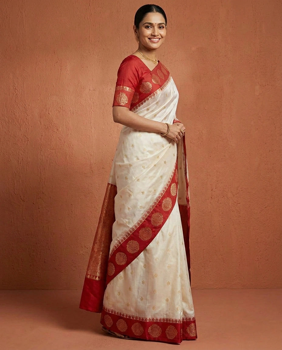 White Banarasi Saree in Silk Katan - Rangoli India