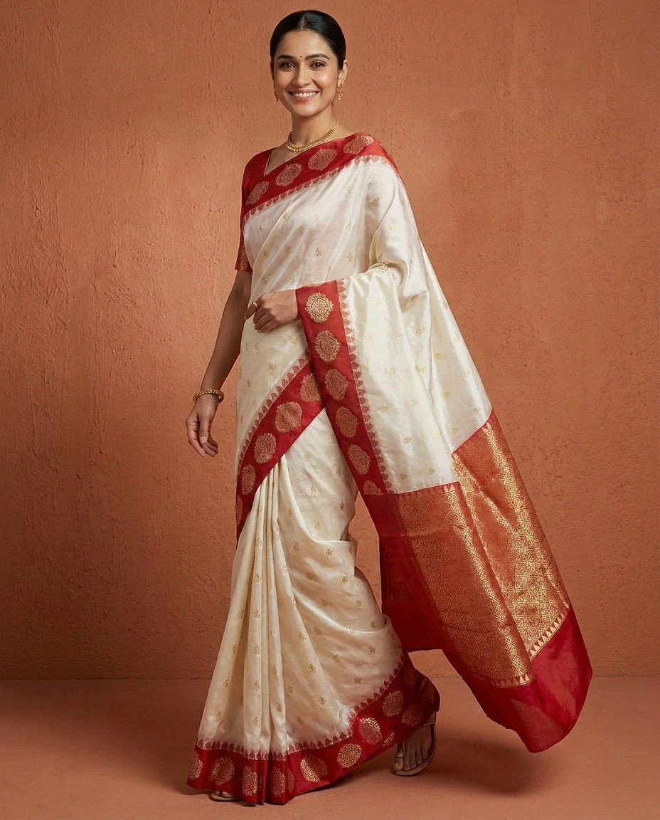 White Banarasi Saree in Silk Katan - Rangoli India