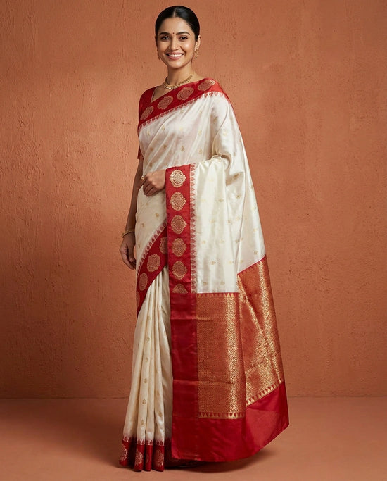 White Banarasi Saree in Silk Katan - Rangoli India