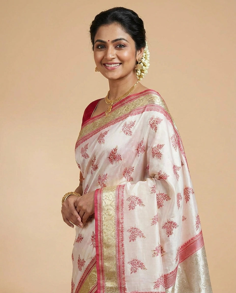 White Banarasi Saree with Woven Red Border - Rangoli India