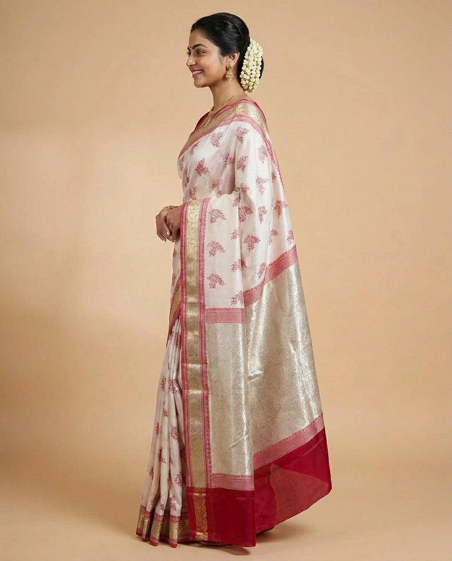 White Banarasi Saree with Woven Red Border - Rangoli India