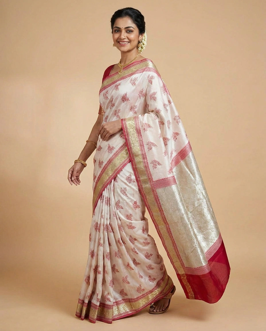 White Banarasi Saree with Woven Red Border - Rangoli India