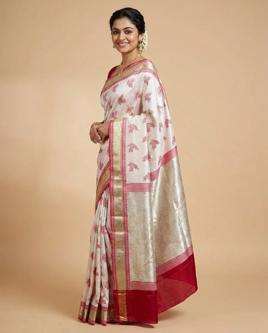 White Banarasi Saree with Woven Red Border - Rangoli India