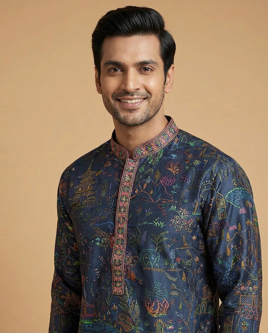 Men's Navy Blue Satin Kurta Pajama Set