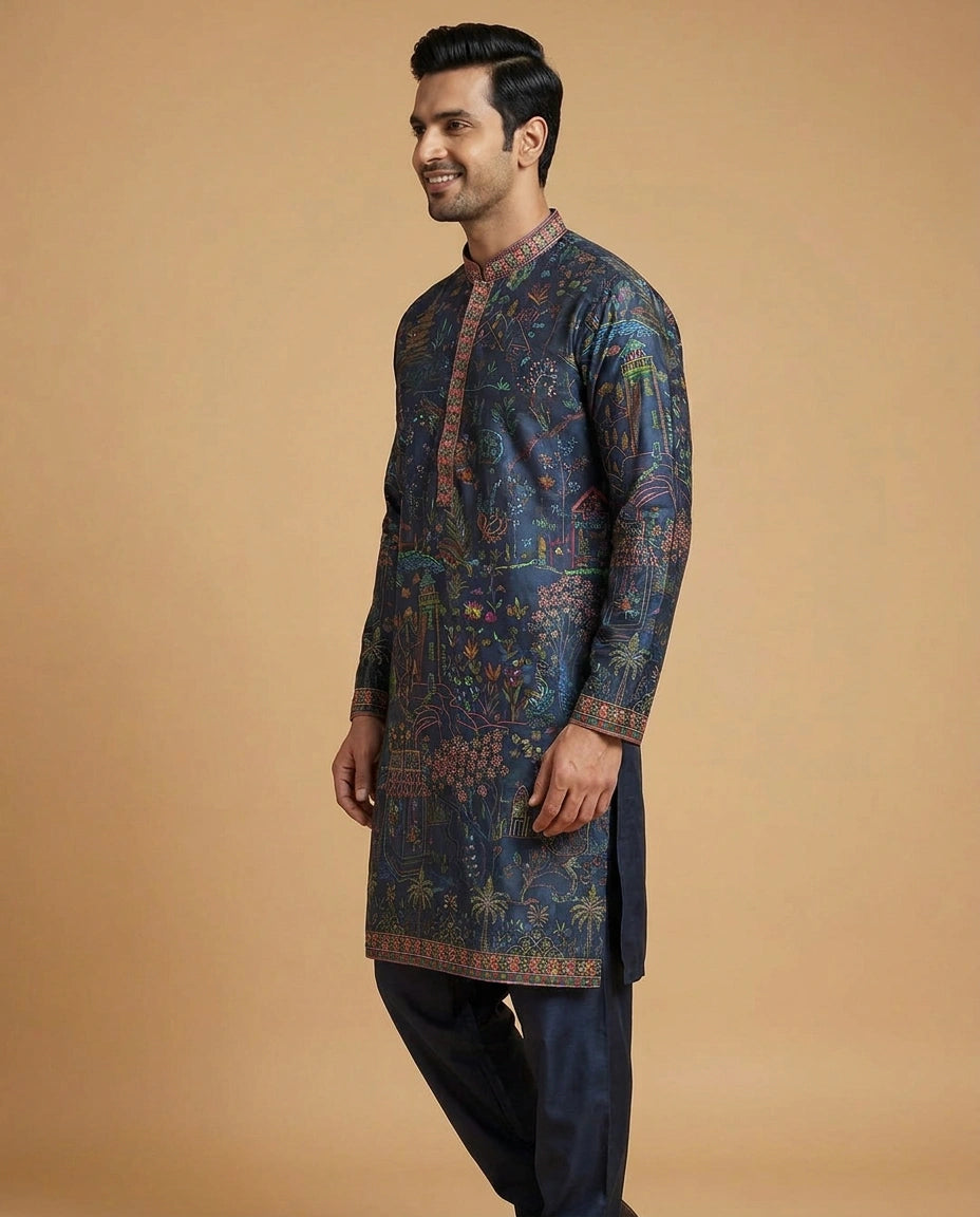 Men's Navy Blue Satin Kurta Pajama Set — photo 3 of 4