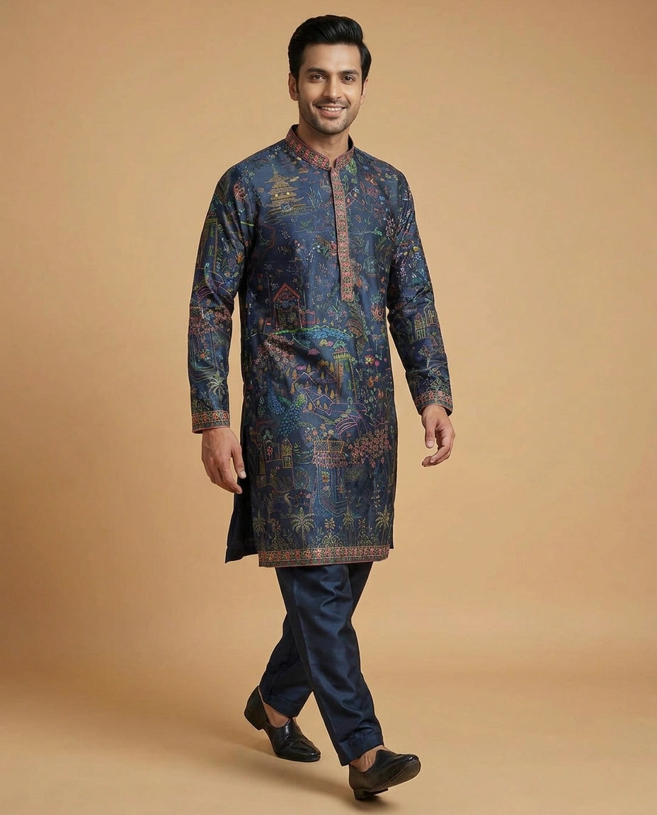 Men's Navy Blue Satin Kurta Pajama Set — photo 4 of 4