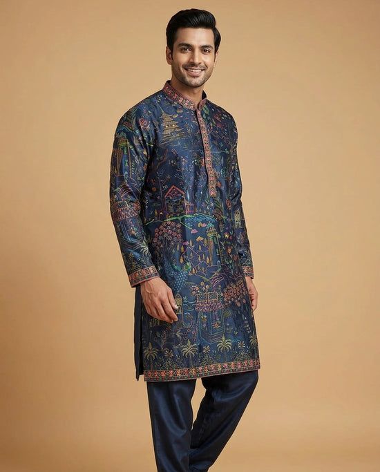 Men's Navy Blue Satin Kurta Pajama Set — photo 2 of 4