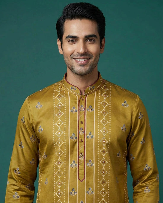 Men's Embroidered Mashru Silk Kurta Pajama Set