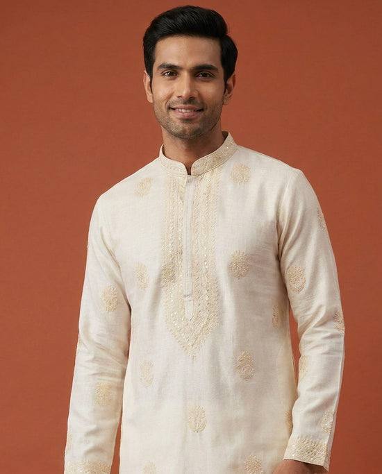 Men's Off White Cotton Linen Kurta Pajama Set