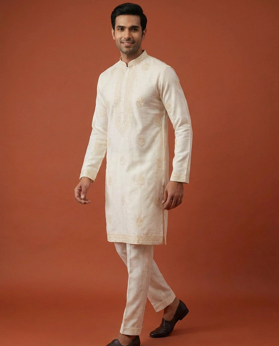 Men's Off White Cotton Linen Kurta Pajama Set — photo 3 of 3