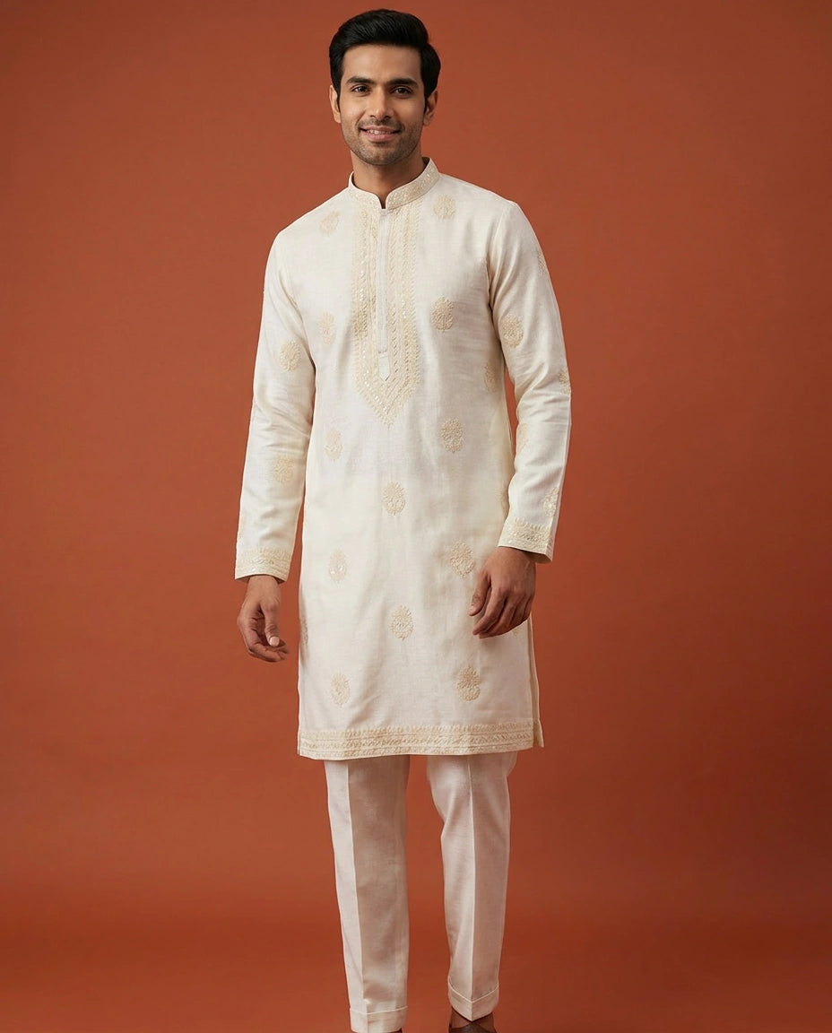 Men's Off White Cotton Linen Kurta Pajama Set — photo 2 of 3