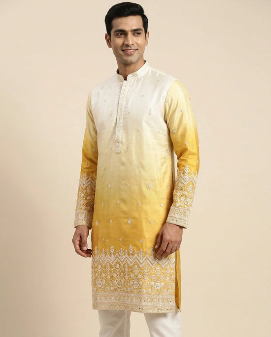 White Tussar Silk Kurta Pajama Set - Rangoli India