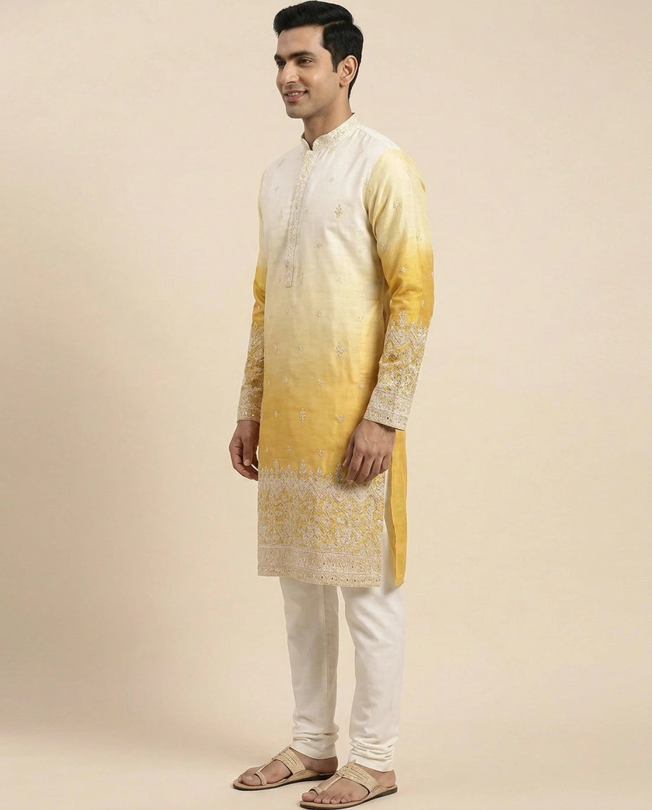 White Tussar Silk Kurta Pajama Set - Rangoli India
