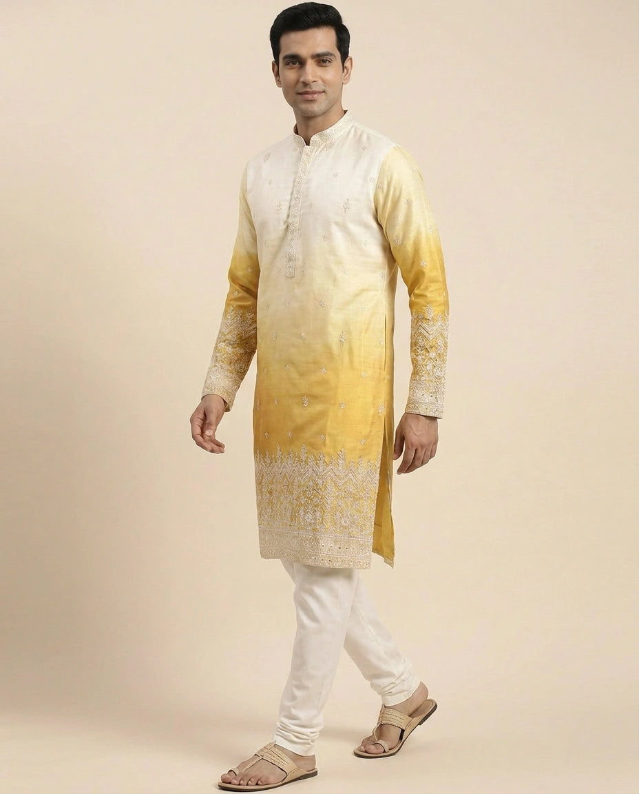 White Tussar Silk Kurta Pajama Set - Rangoli India