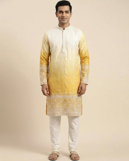 White Tussar Silk Kurta Pajama Set - Rangoli India