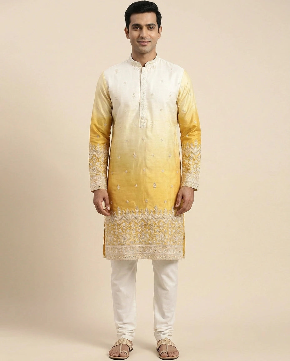 White Tussar Silk Kurta Pajama Set - Rangoli India
