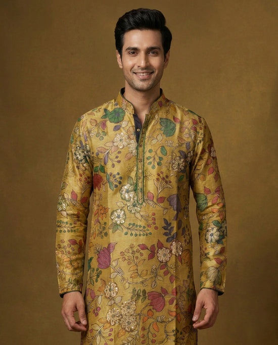 Men's Lime Green Tussar Silk Kurta Pajama Set