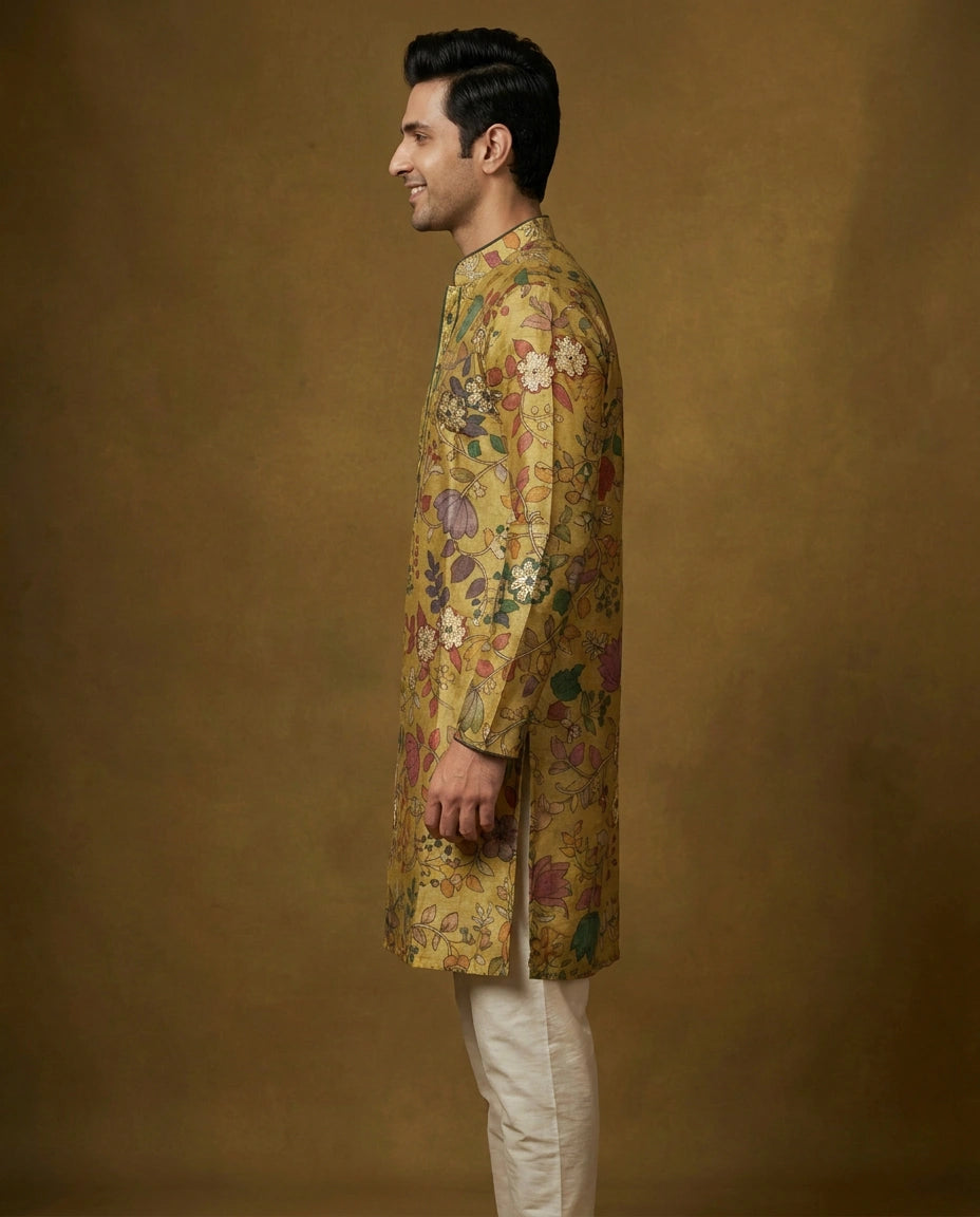 Men's Lime Green Tussar Silk Kurta Pajama Set — photo 3 of 4