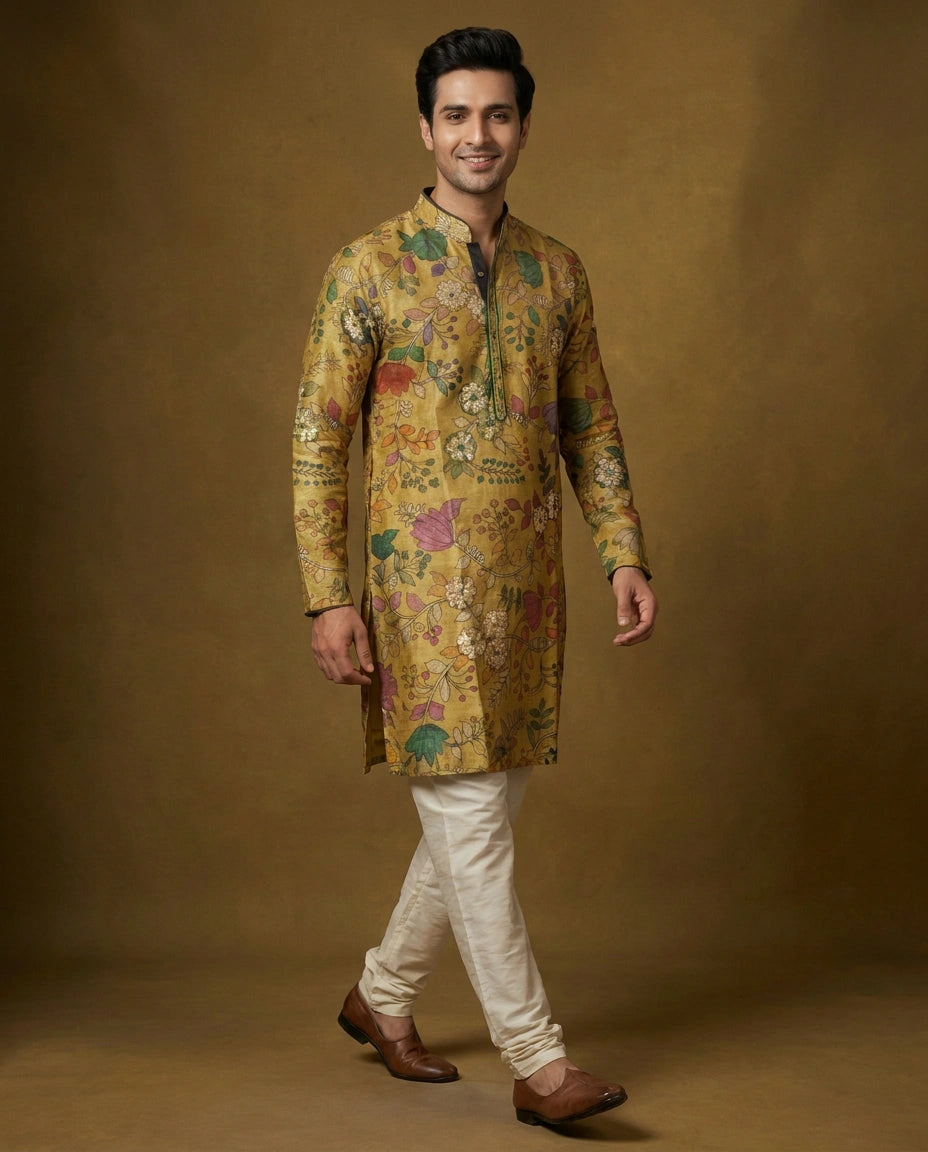 Men's Lime Green Tussar Silk Kurta Pajama Set — photo 4 of 4