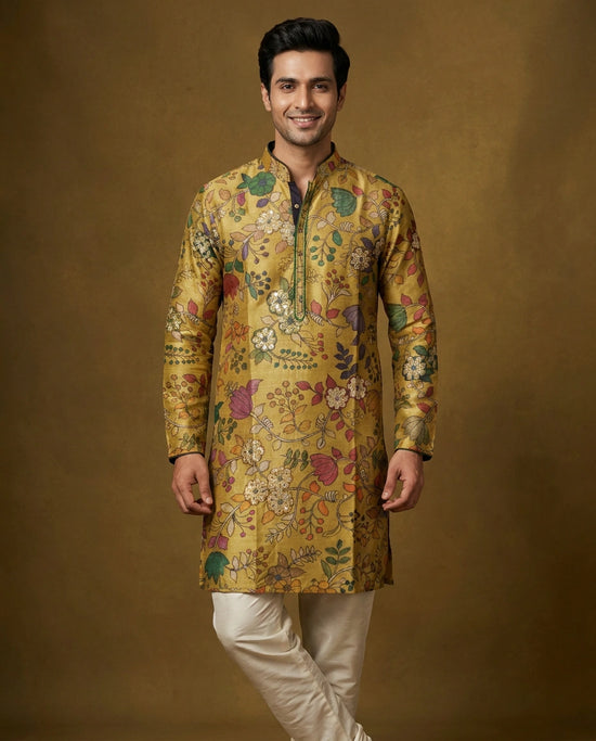 Men's Lime Green Tussar Silk Kurta Pajama Set — photo 2 of 4