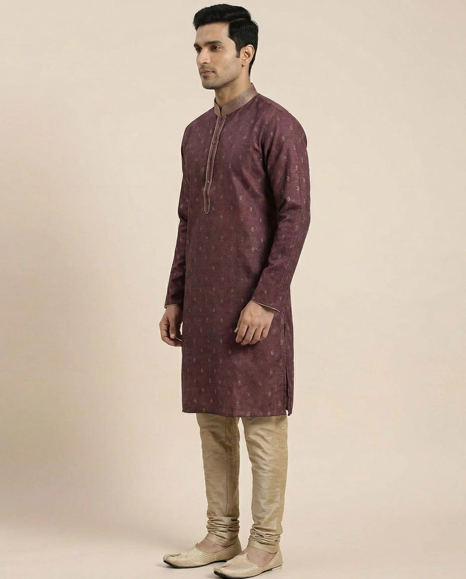 Tussar Silk Kurta Pajama Set with Dotted Pattern - Rangoli India