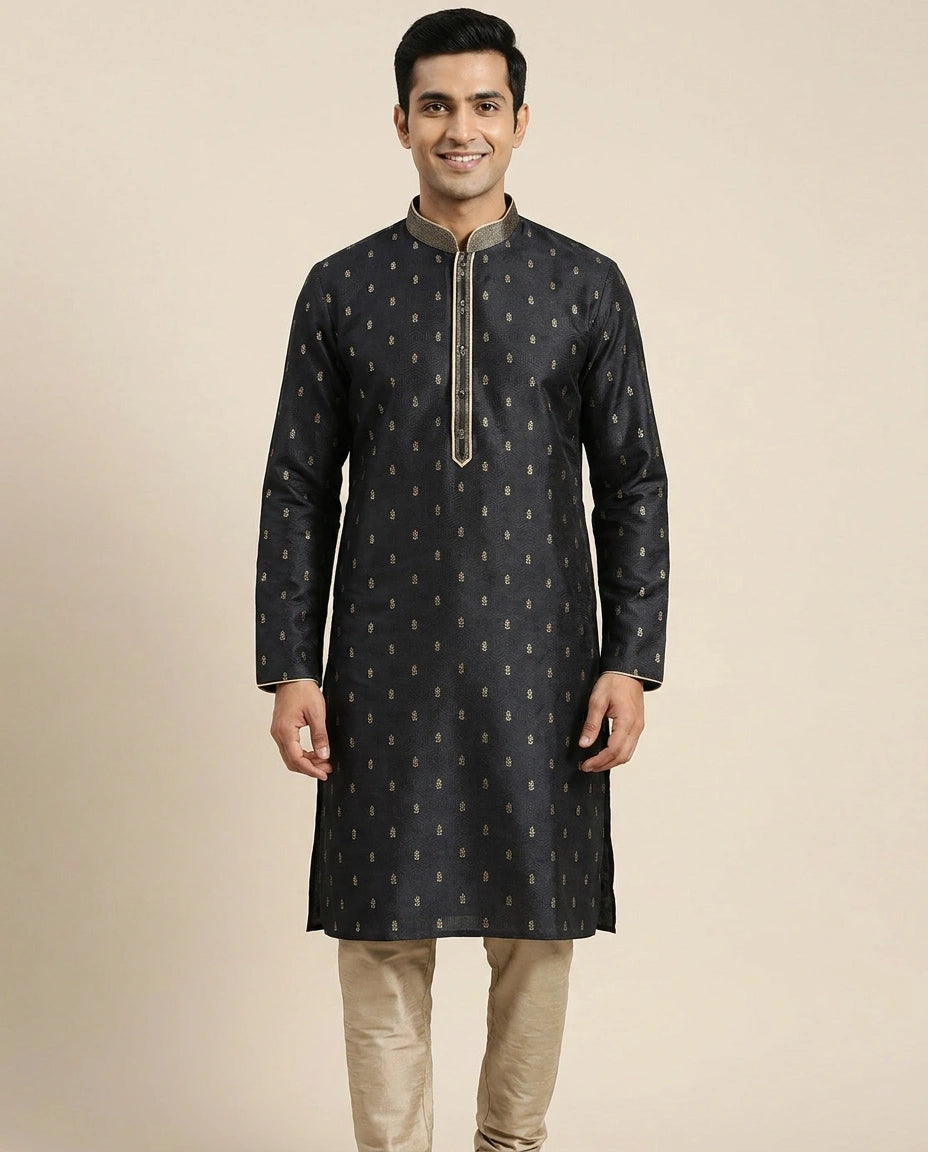 Tussar Silk Kurta Pajama Set with Dotted Pattern - Rangoli India