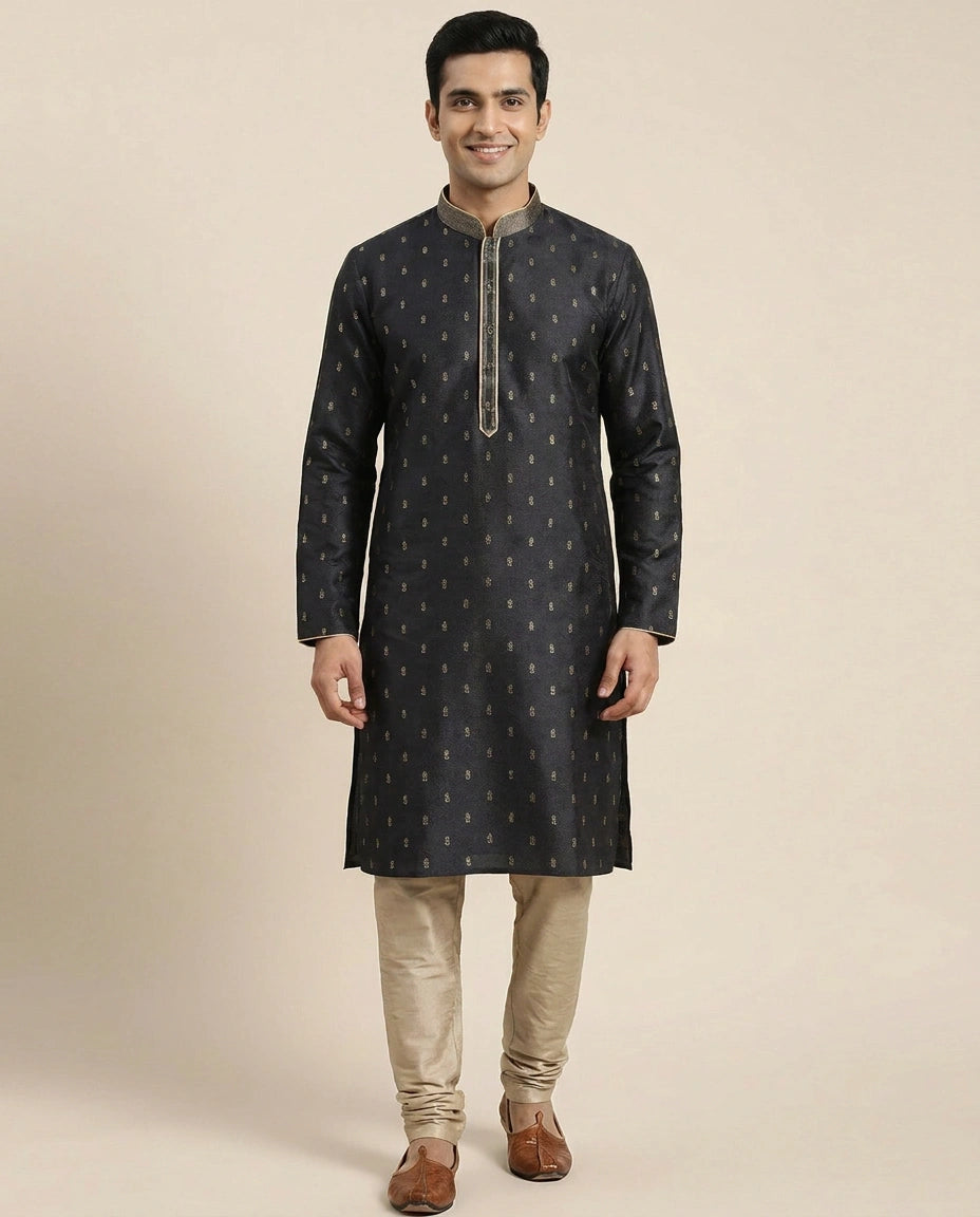 Tussar Silk Kurta Pajama Set with Dotted Pattern - Rangoli India