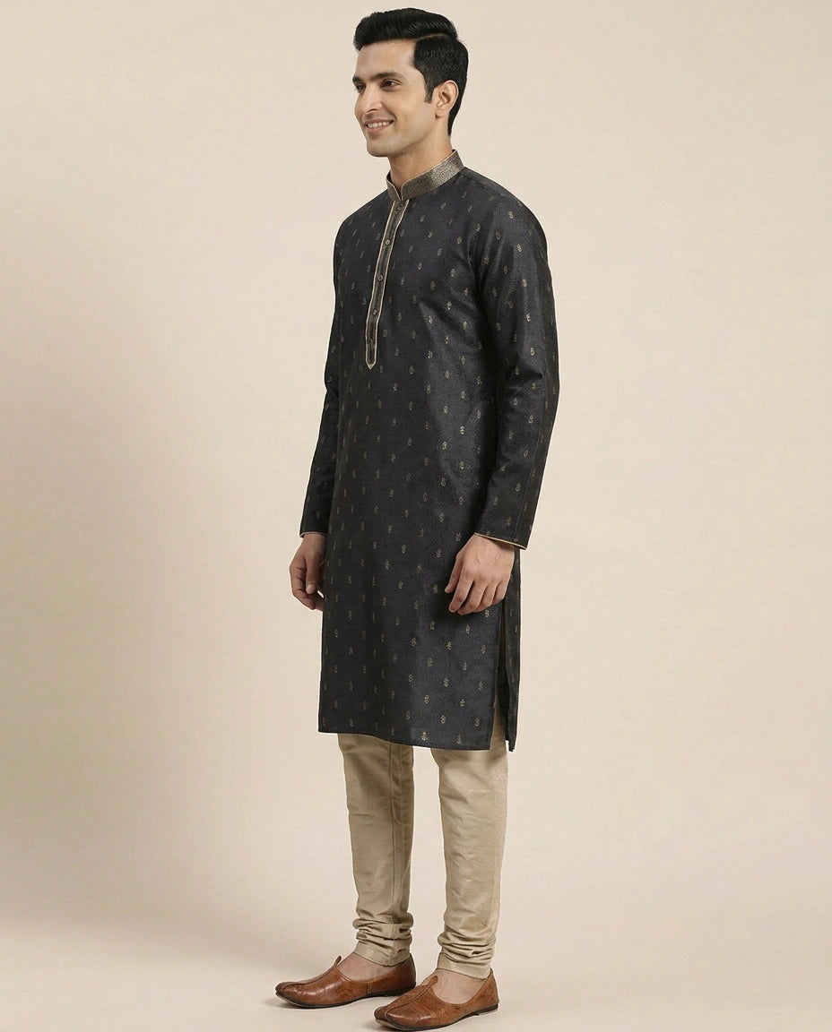 Tussar Silk Kurta Pajama Set with Dotted Pattern - Rangoli India