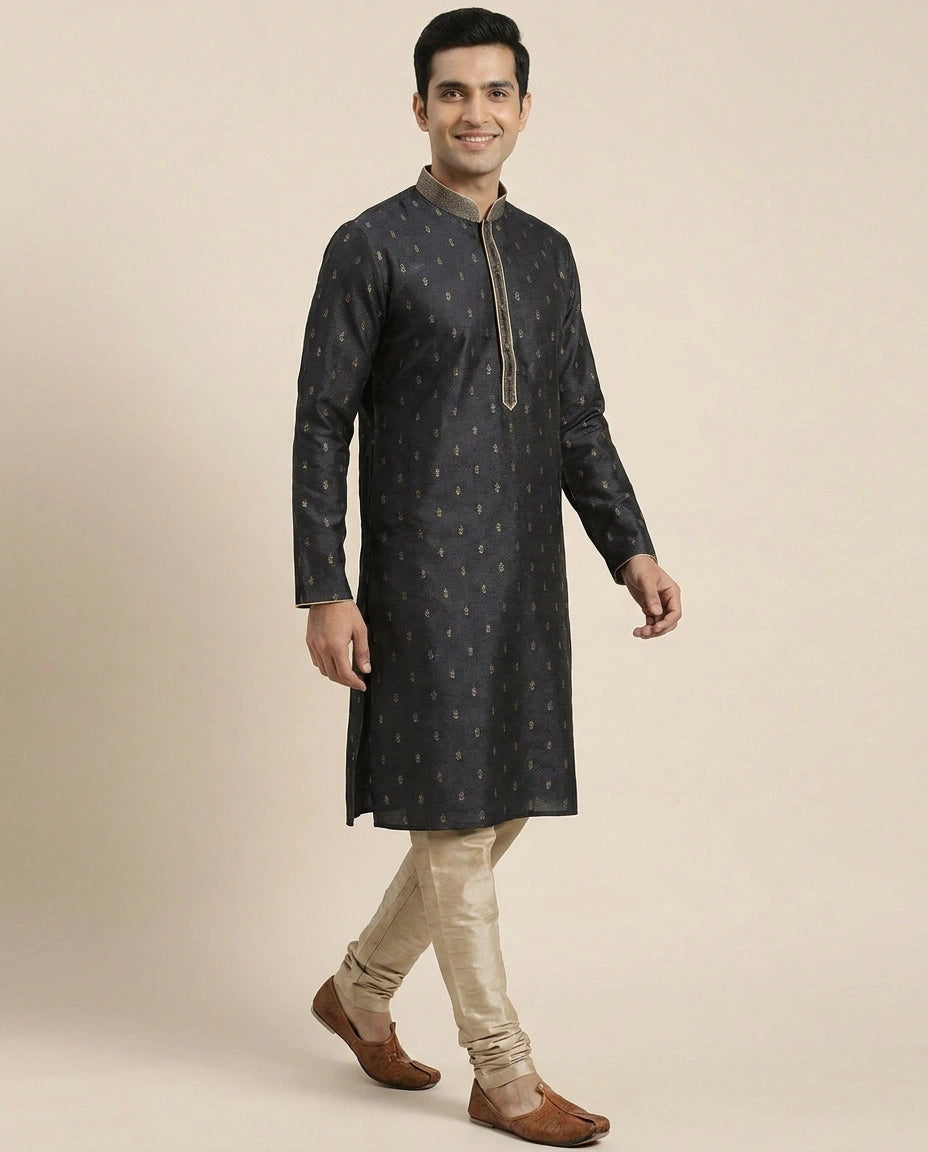 Tussar Silk Kurta Pajama Set with Dotted Pattern - Rangoli India