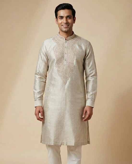 Kurta Pajama Set in Tissue And Hand Embroidered - Rangoli India
