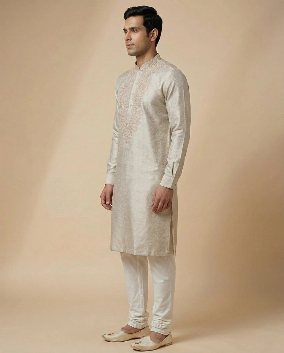 Kurta Pajama Set in Tissue And Hand Embroidered - Rangoli India