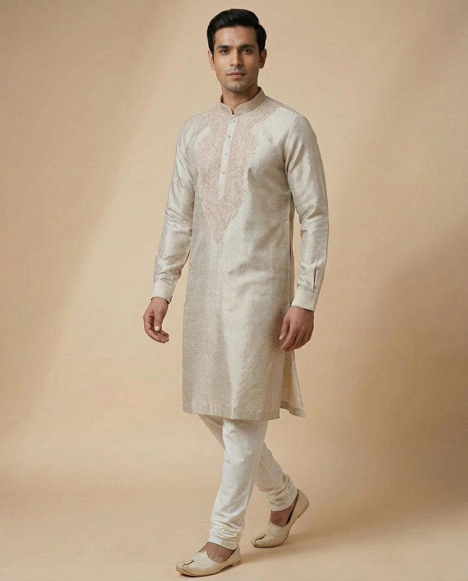 Kurta Pajama Set in Tissue And Hand Embroidered - Rangoli India