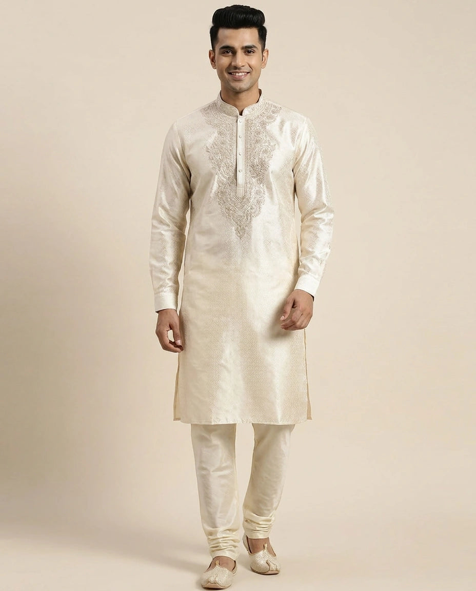 Kurta Pajama Set in Tissue And Hand Embroidered - Rangoli India
