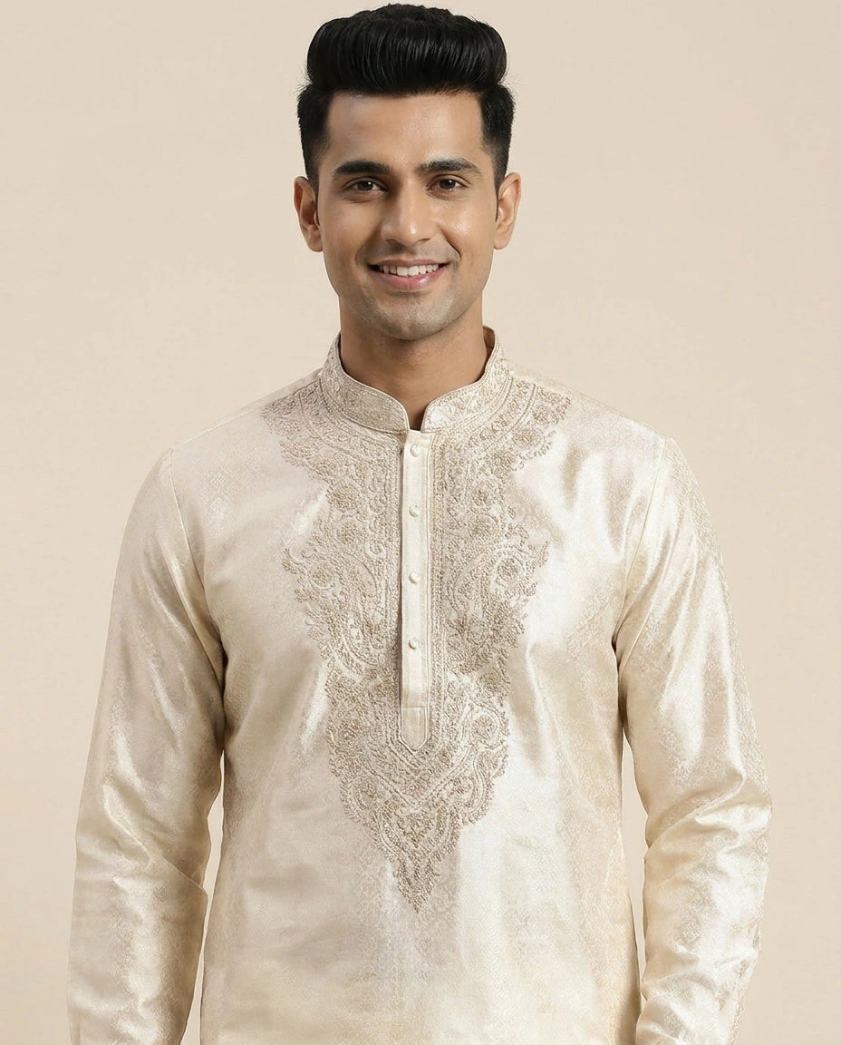 Kurta Pajama Set in Tissue And Hand Embroidered - Rangoli India