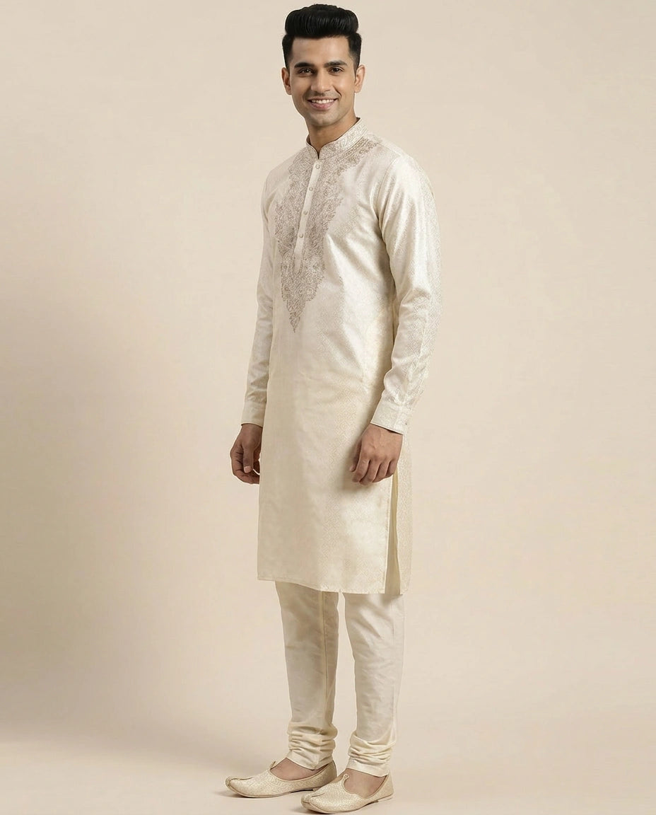 Kurta Pajama Set in Tissue And Hand Embroidered - Rangoli India