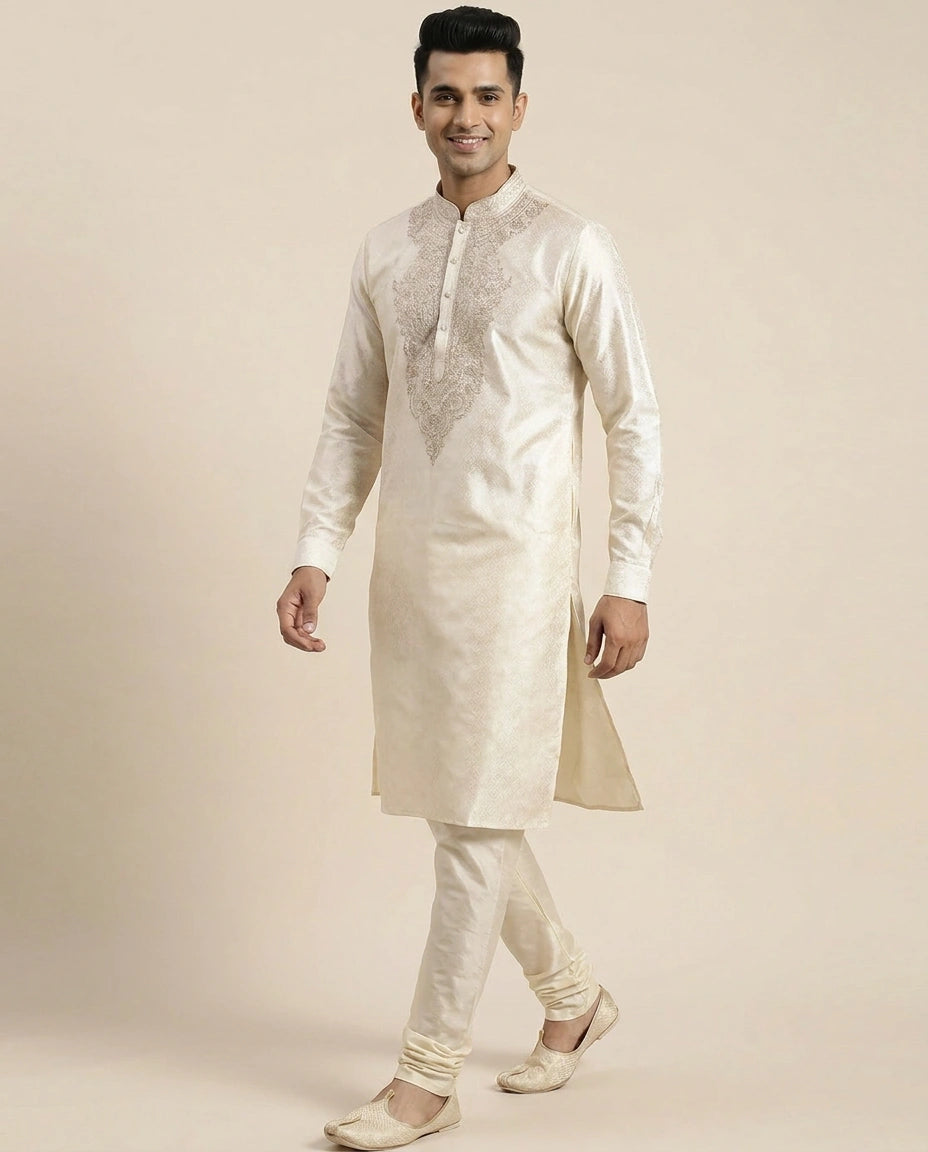 Kurta Pajama Set in Tissue And Hand Embroidered - Rangoli India