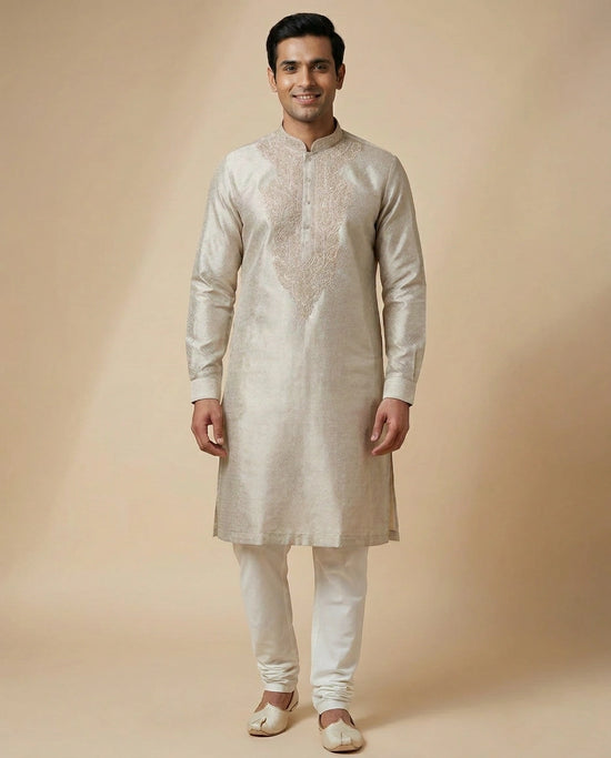 Kurta Pajama Set in Tissue And Hand Embroidered - Rangoli India